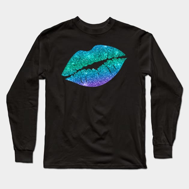 Bright Green Blue Ombre Faux Glitter Lips Long Sleeve T-Shirt by Felicity-K